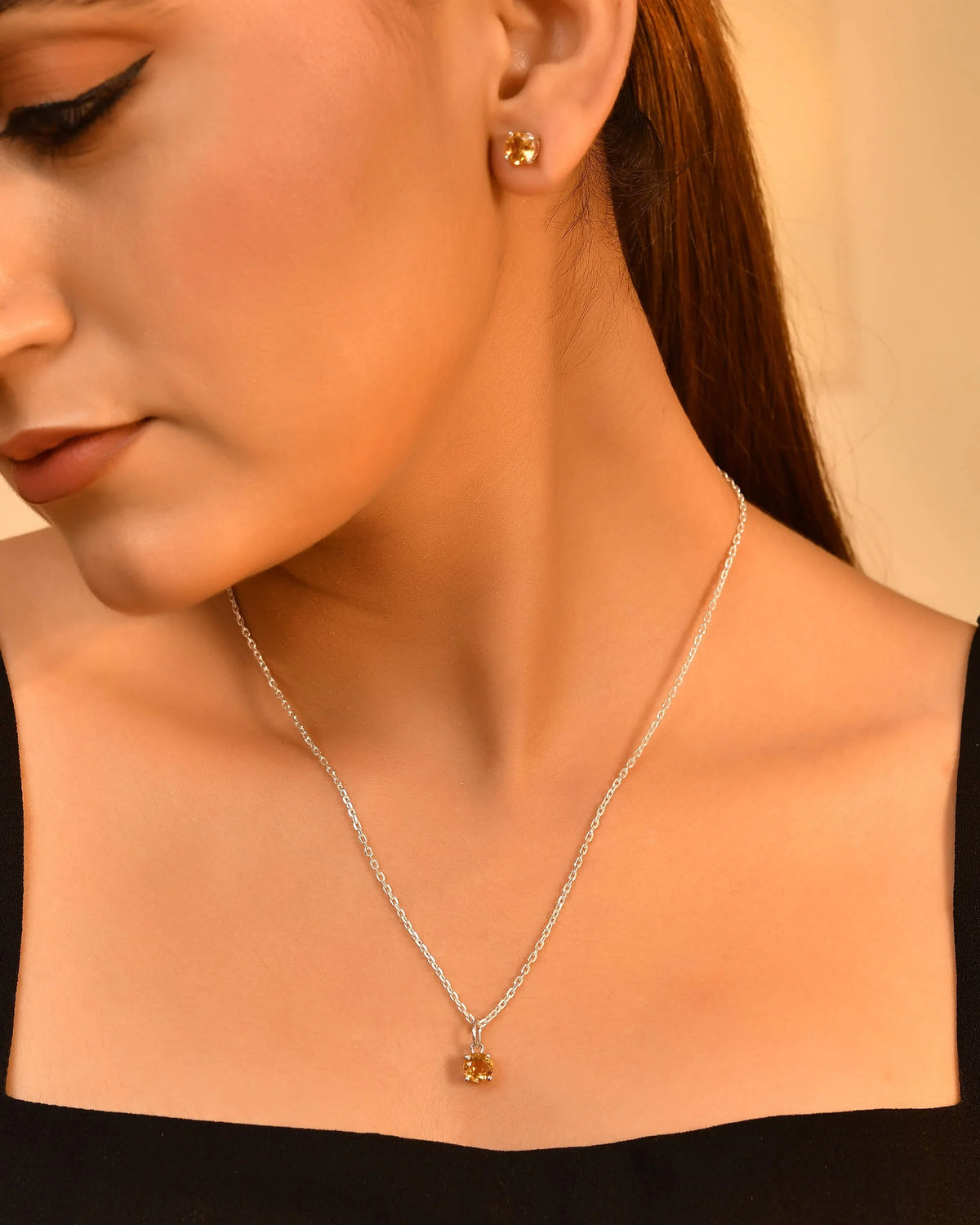 Sunlit Spark Gold Sterling Silver Yellow Citrine Round-Cut Pendant Studs Set Engagement Wedding Anniversary Jewelry Everyday