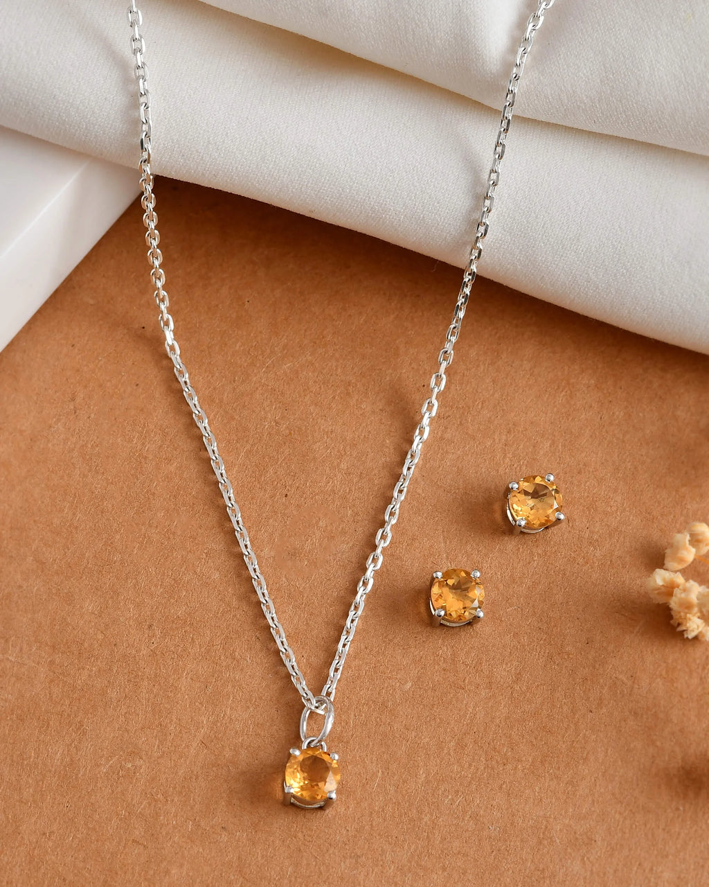 Sunlit Spark Gold Sterling Silver Yellow Citrine Round-Cut Pendant Studs Set Engagement Wedding Anniversary Jewelry Everyday
