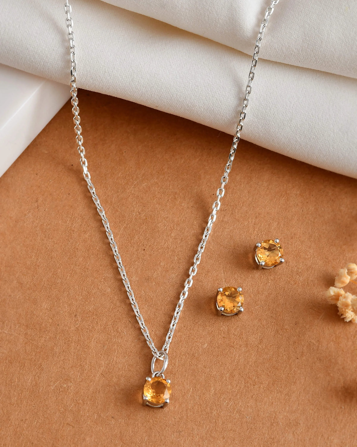 Sunlit Spark Gold Sterling Silver Yellow Citrine Round-Cut Pendant Studs Set Engagement Wedding Anniversary Jewelry Everyday