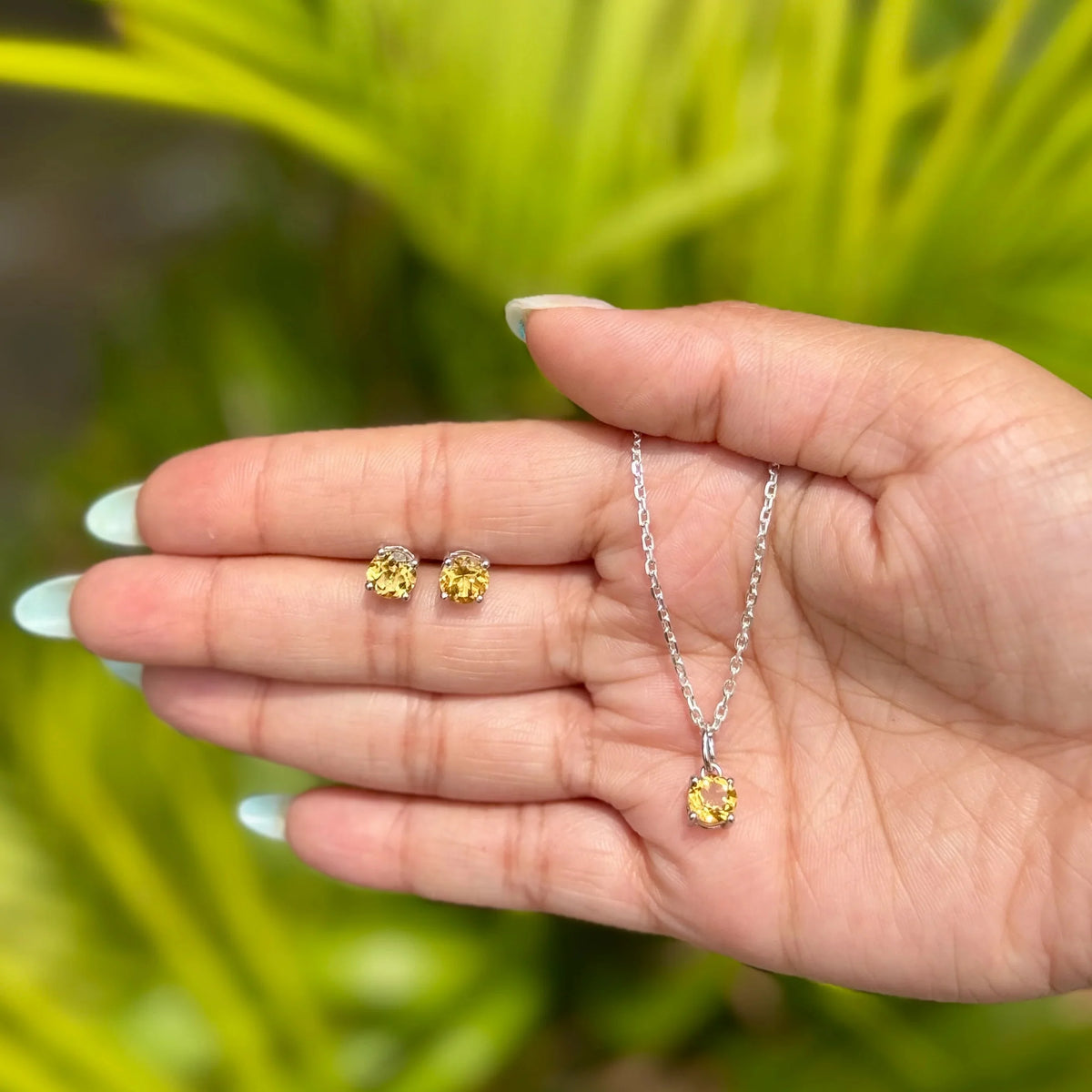 Sunlit Spark Gold Sterling Silver Yellow Citrine Round-Cut Pendant Studs Set Engagement Wedding Anniversary Jewelry Everyday