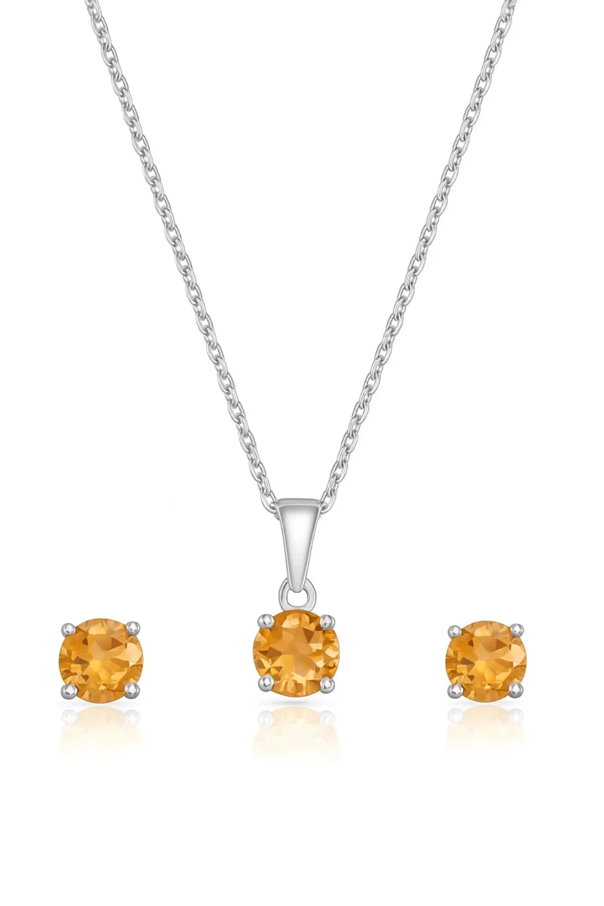 Sunlit Spark Gold Sterling Silver Yellow Citrine Round-Cut Pendant Studs Set Engagement Wedding Anniversary Jewelry Everyday