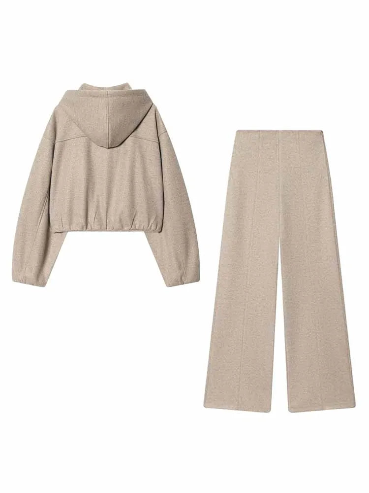HH Woman New Fashion Pants Suit Long Sleeves Hooded Short Jacket+Casual Loose High Waist Zipper Trousers Solid 2 Piece Set
