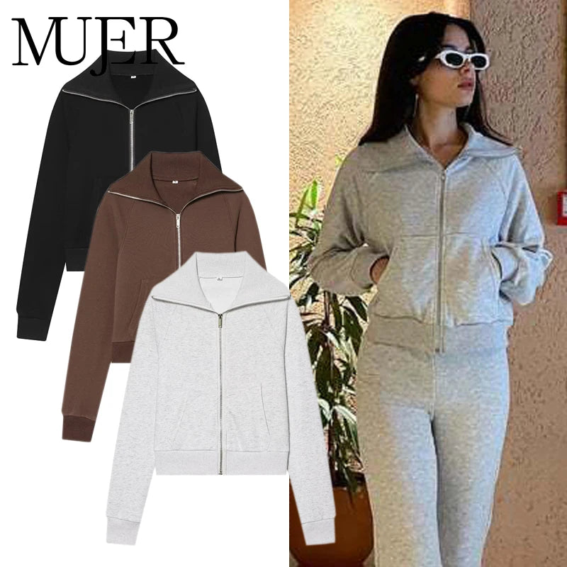 MUJER 2026 Cropped Jacket Woman Zipper Varsity Jackets for Women Long Sleeve Winter Coat Female Streetwear Women's Jackets Sets