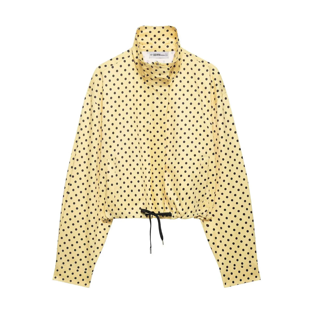 HH Woman Autumn Long Sleeves Turtleneck Zipper With Pockets Drawstring Casual Coats Women Fashion Polka Dot Printed Jacket
