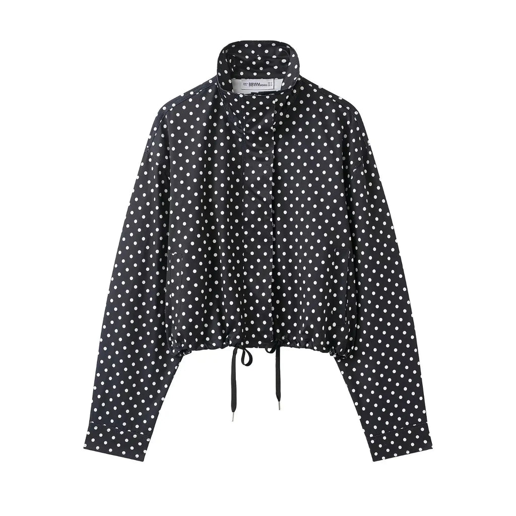 HH Woman Autumn Long Sleeves Turtleneck Zipper With Pockets Drawstring Casual Coats Women Fashion Polka Dot Printed Jacket