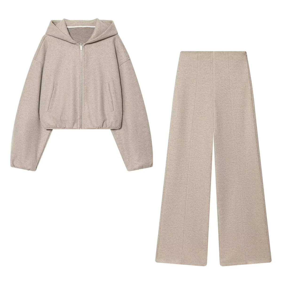 HH Woman New Fashion Pants Suit Long Sleeves Hooded Short Jacket+Casual Loose High Waist Zipper Trousers Solid 2 Piece Set