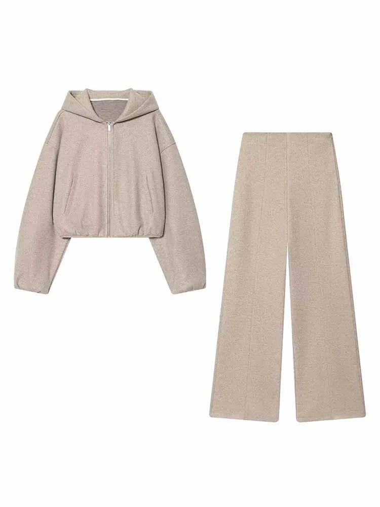 HH Woman New Fashion Pants Suit Long Sleeves Hooded Short Jacket+Casual Loose High Waist Zipper Trousers Solid 2 Piece Set
