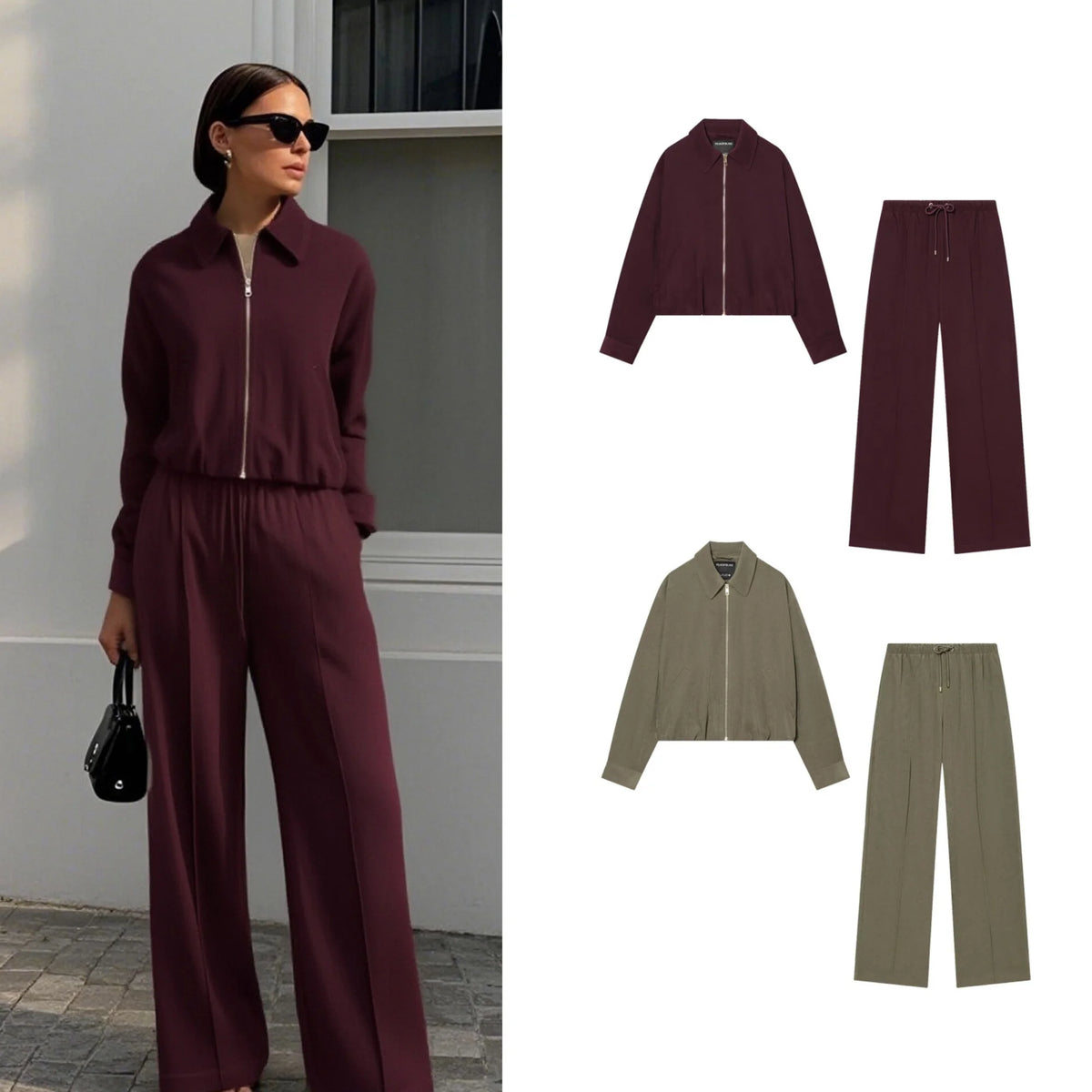 Women's Casual Jacket Pants Sets Female Spring Autumn Long-Sleeve Loose Simple Pilot Jacket Or Lady Wide-Leg Trousers